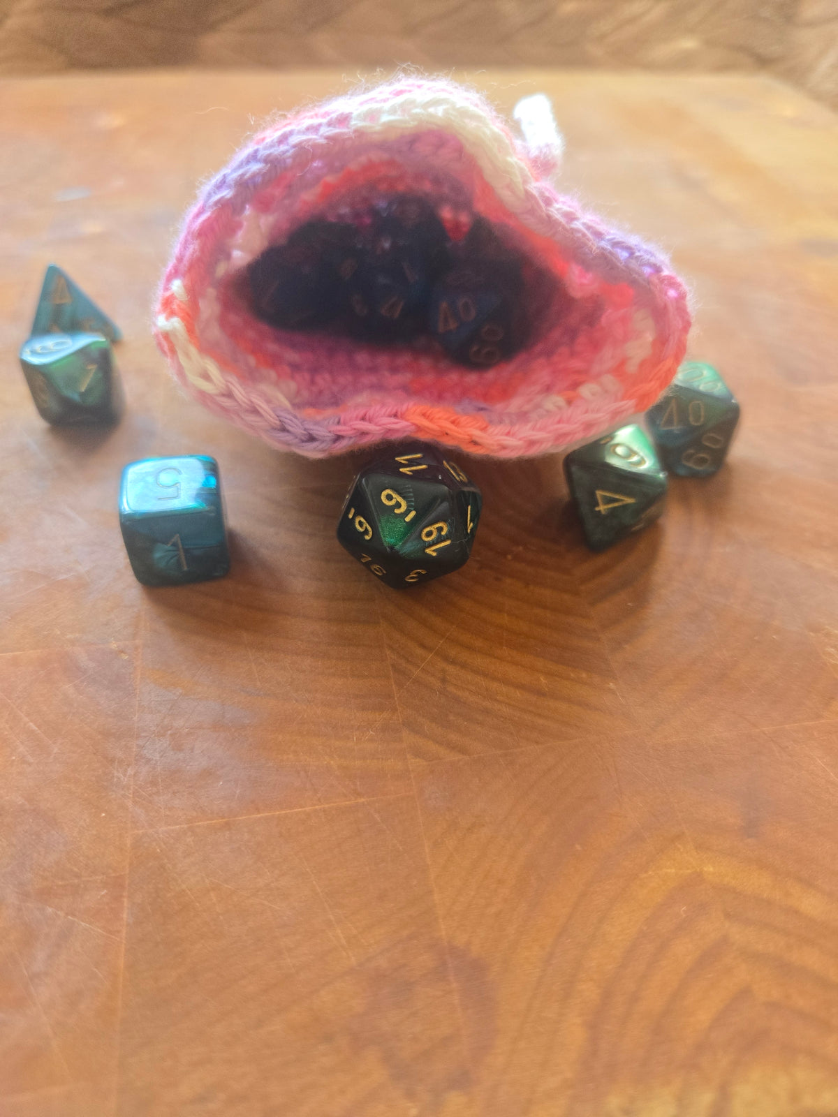 Pink and purple dice pouch