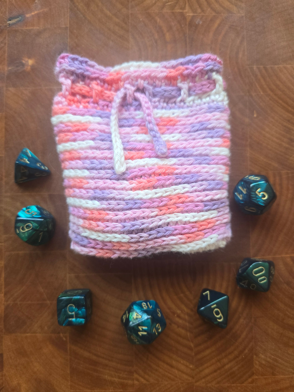 Pink and purple dice pouch