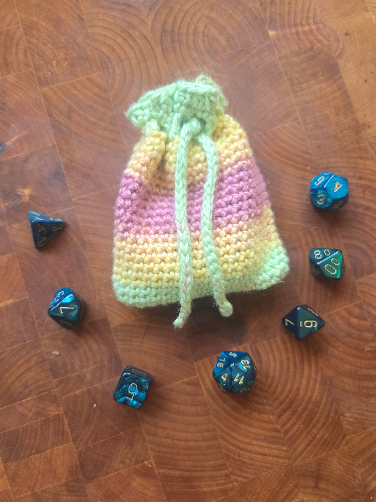 Green, orange and pink dice pouch!