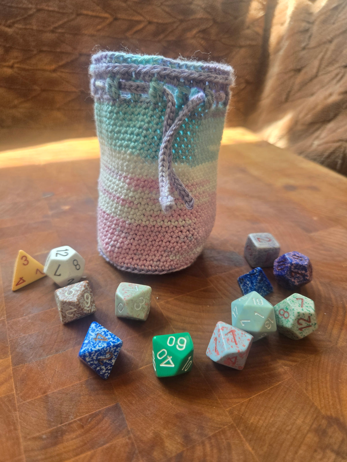 White, pink, cyan and purple large dice bag!