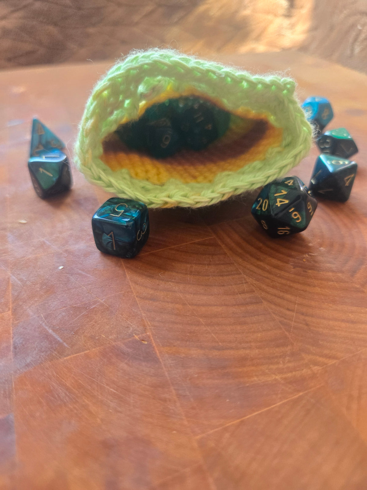 Green, orange and pink dice pouch!