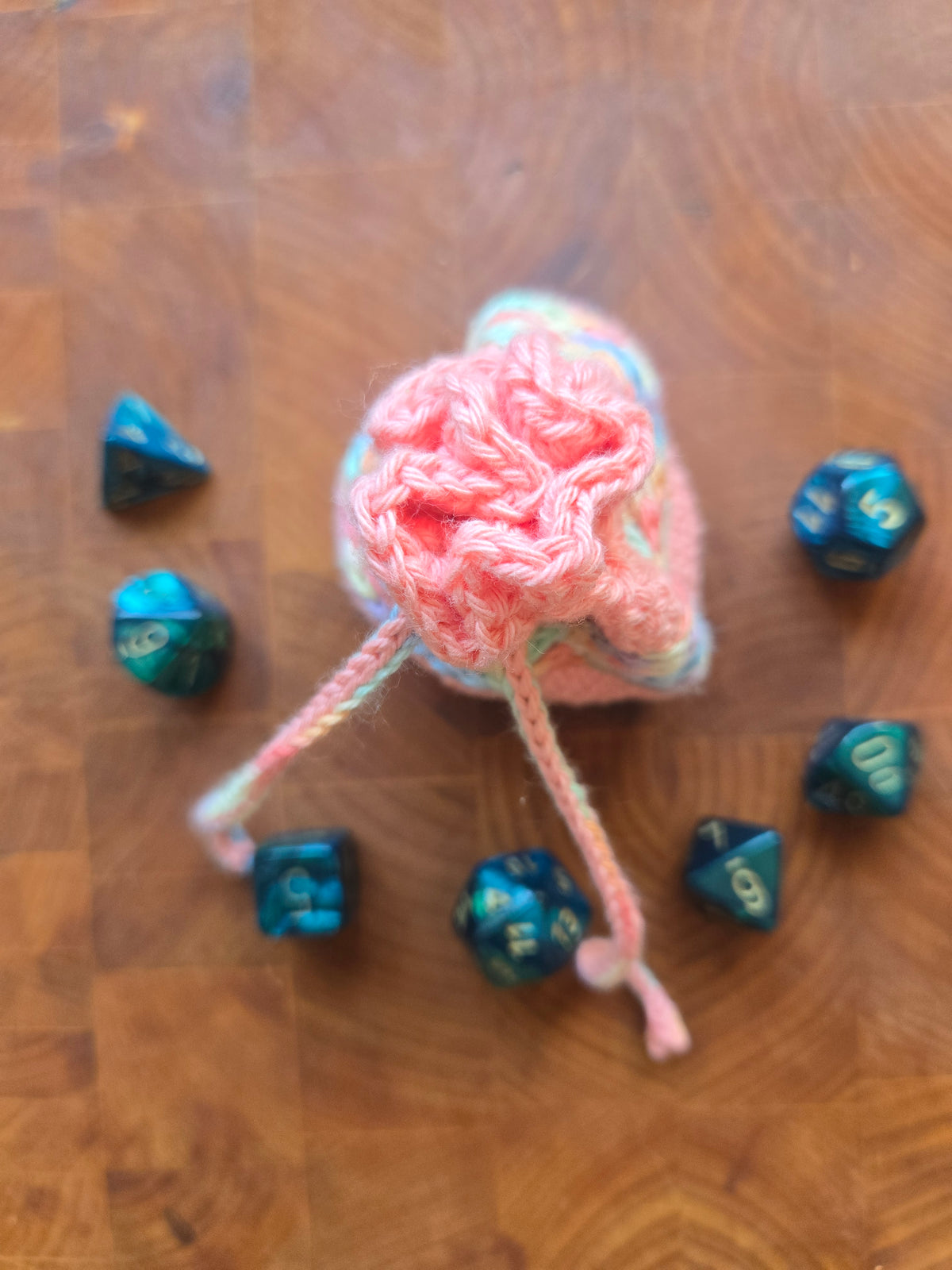 Peach and rainbow 7 die dice bag