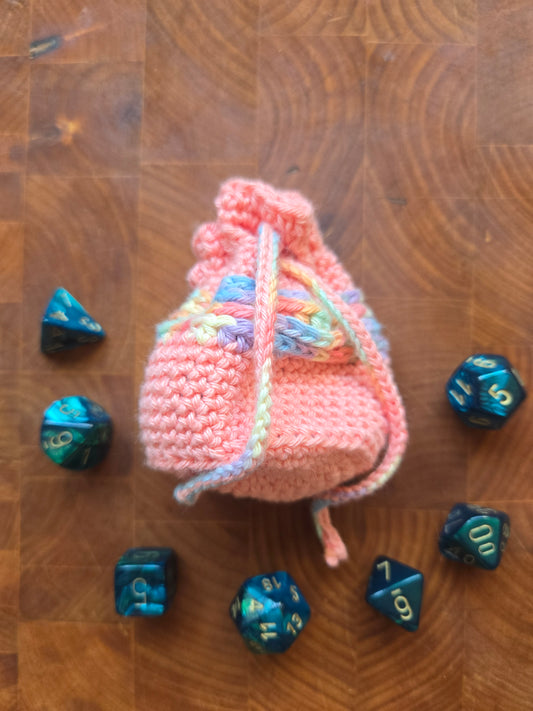 Peach and rainbow 7 die dice bag