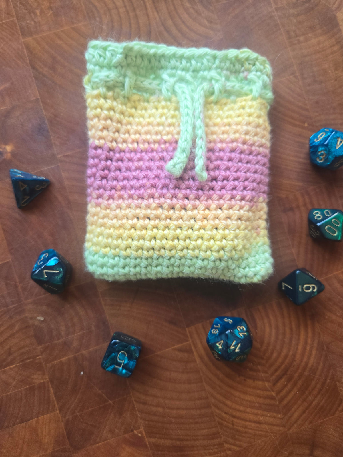 Green, orange and pink dice pouch!