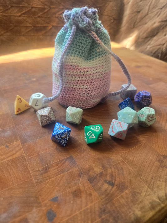 White, pink, cyan and purple large dice bag!