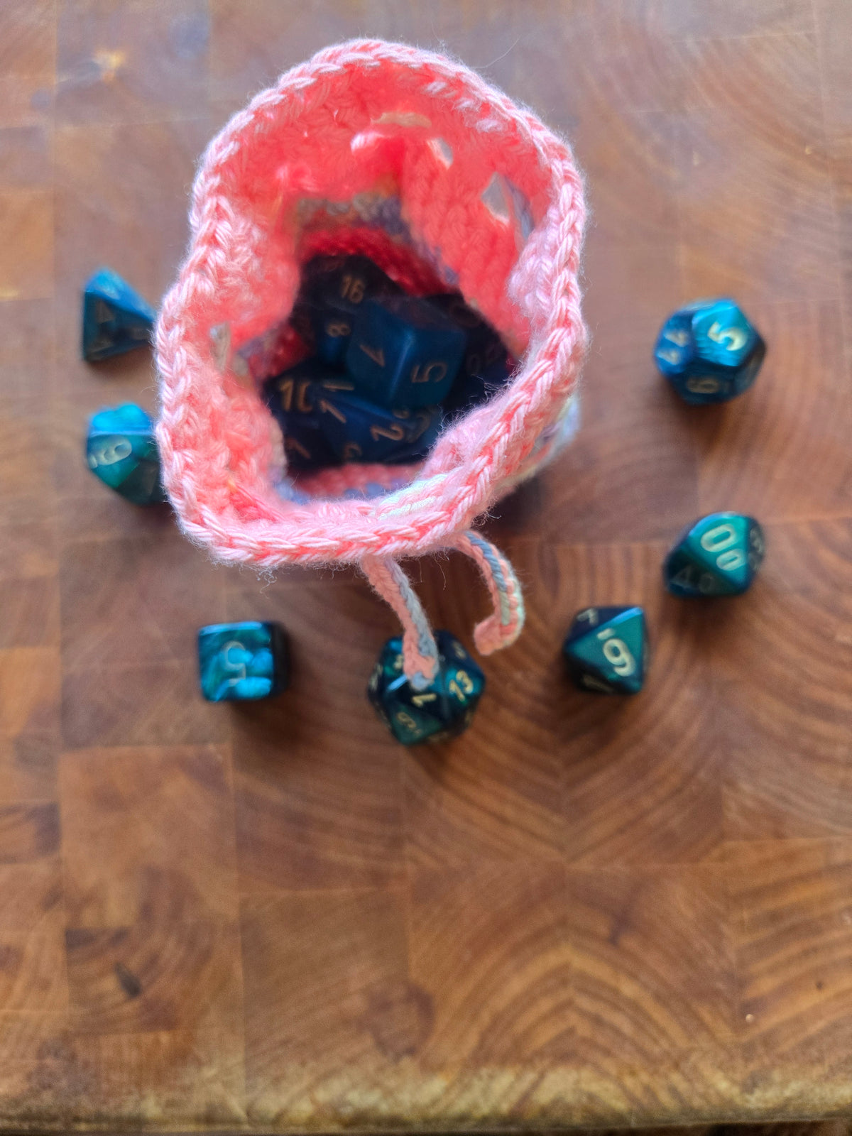 Peach and rainbow 7 die dice bag
